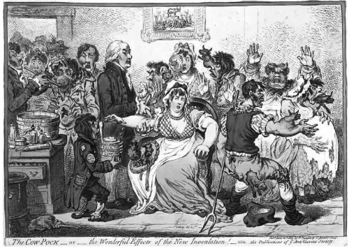 当时的人以为种过牛痘疫苗会长出牛角、牛毛(詹姆斯·吉尔雷绘于1802年)