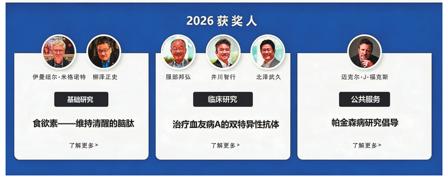 2026年拉斯克奖三类奖项获奖人概览，