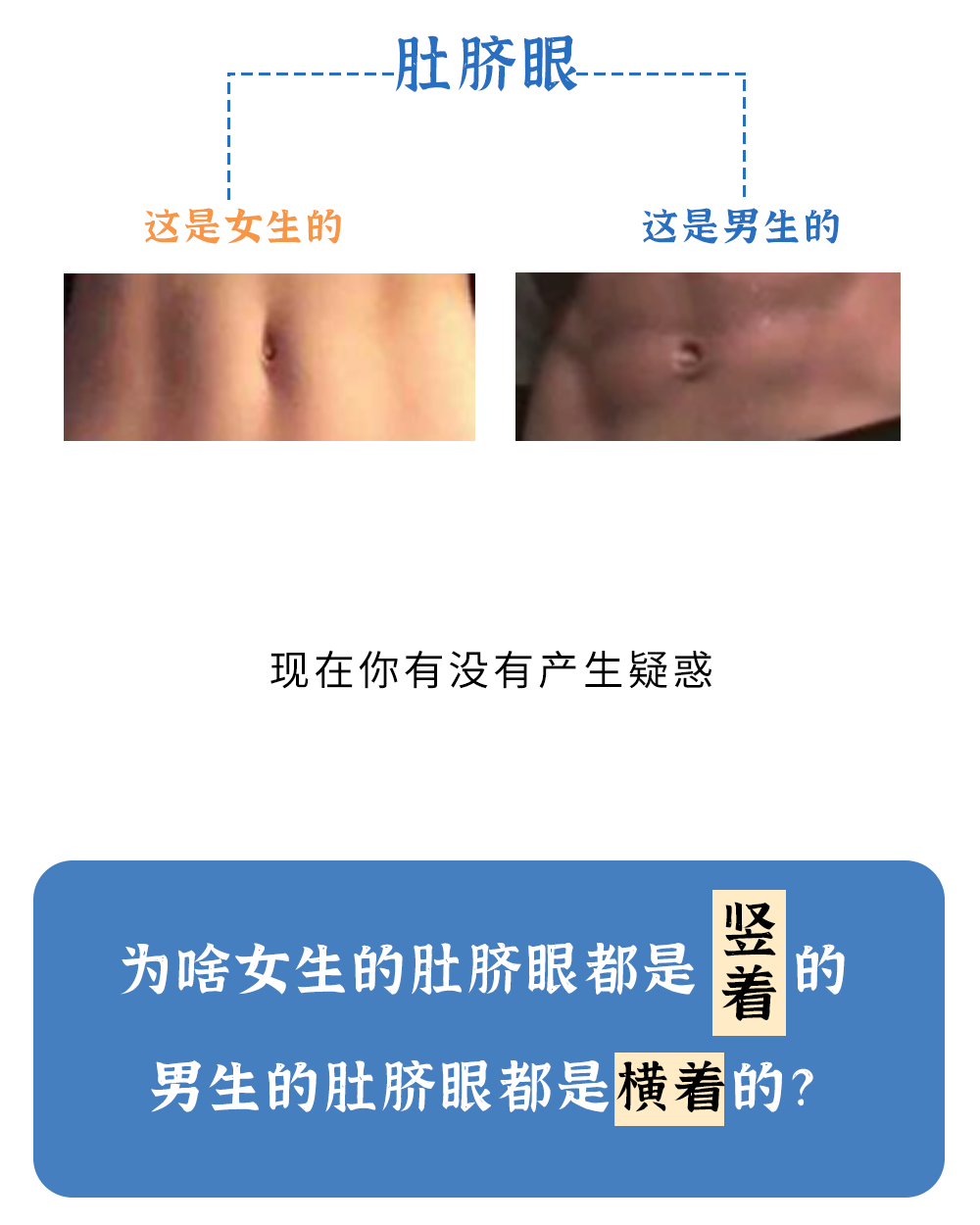 为什么男生肚脐眼是横着的，而女生是竖着的？