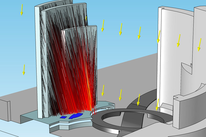Ray trajectories result in caustic surface generation at the Vdara® hotel.